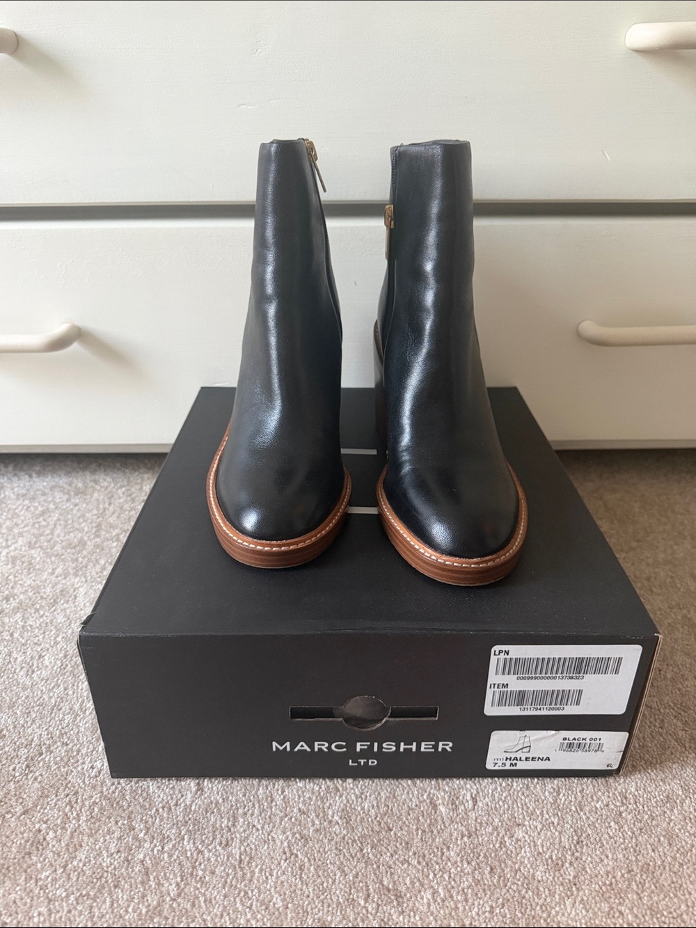 Marc Fisher Black Leather Haleena Booties with Brown Welt